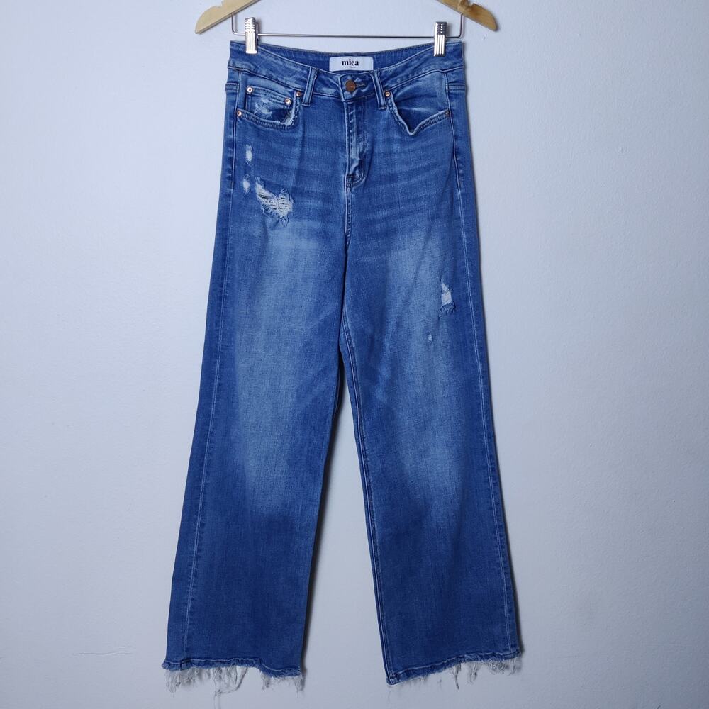 Mica High Rise Wide Leg Distressed Boho Relaxed Stretch Jeans Raw Hem Size 27 - Picture 4 of 16